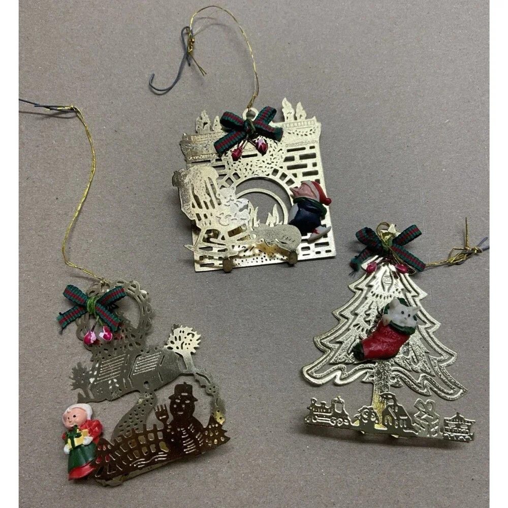 Vintage KMart Gold Metal Ornament Lot Laser Cut 2.5 inch with boxes Lot of 3